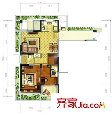 綠城之江1號東區(qū)F-1戶型 2室2廳1衛(wèi)1廚