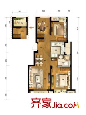 萬科良渚文化村未來城A2戶型 3室2廳1衛(wèi)1廚