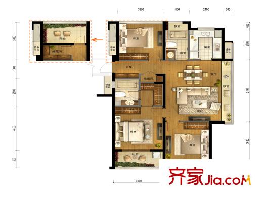 萬科良渚文化村未來城C1戶型 3室2廳2衛(wèi)1廚
