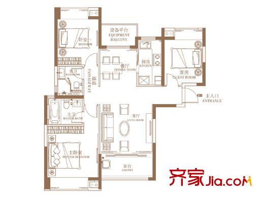 合景瑜翠園B1戶型 3室2廳2衛(wèi)1廚