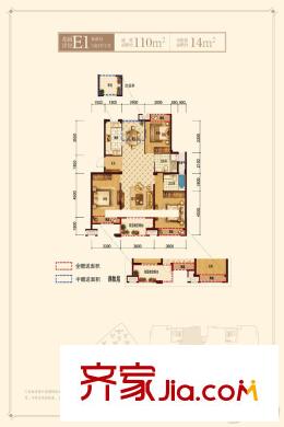 上實海上?；▓@洋房E1標(biāo)準(zhǔn)層戶型 3室2廳2衛(wèi)1廚