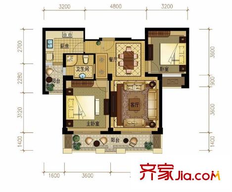 金世紀(jì)運(yùn)河麗園A3戶型 2室2廳1衛(wèi)1廚