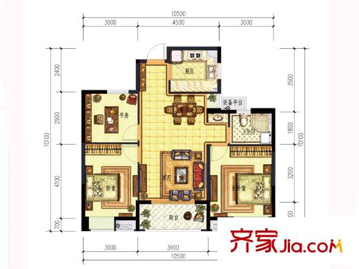 上億彩虹郡D戶型 100方 3室2廳1衛(wèi)1廚