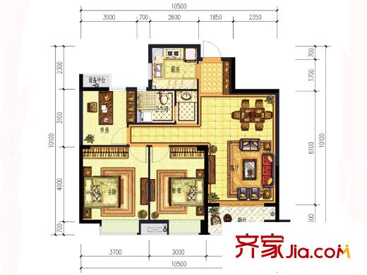 上億彩虹郡D2戶型 105方 3室2廳1衛(wèi)1廚