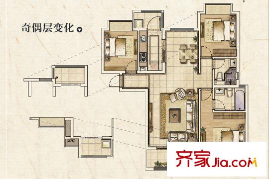 合景疊彩園105方戶型B1 3室2廳2衛(wèi)1廚
