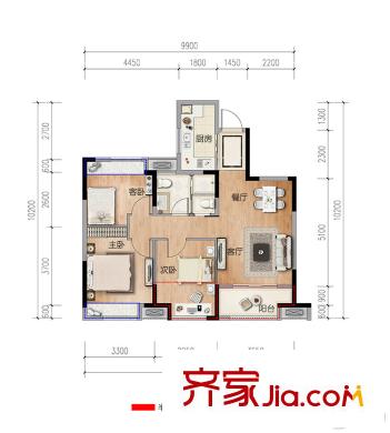 融科璦頤灣89方3房1.5衛(wèi)戶型 3室2廳1衛(wèi)1廚