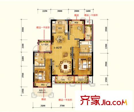 金帝海珀B2偶數(shù)層戶型 3室2廳2衛(wèi)1廚