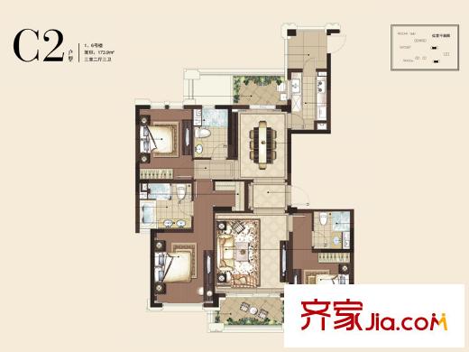 理想康城一品C2戶型（1.6號(hào)樓） 3室2廳3衛(wèi)1廚