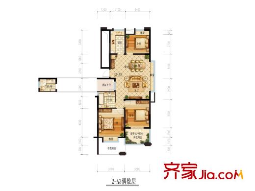 理想銀泰城2-A3偶數(shù)層戶型 3室2廳2衛(wèi)1廚