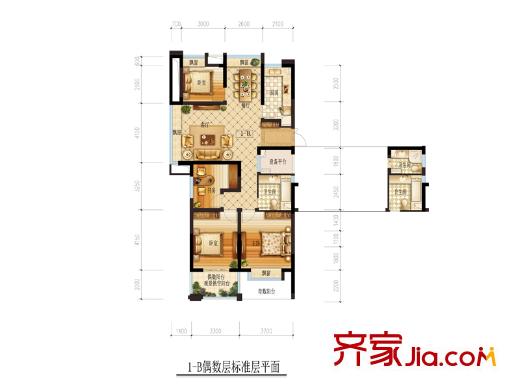 理想銀泰城1-B偶數(shù)層戶型 3室2廳1衛(wèi)1廚