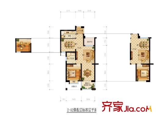 理想銀泰城2-A2偶數(shù)層戶型 2室2廳1衛(wèi)1廚
