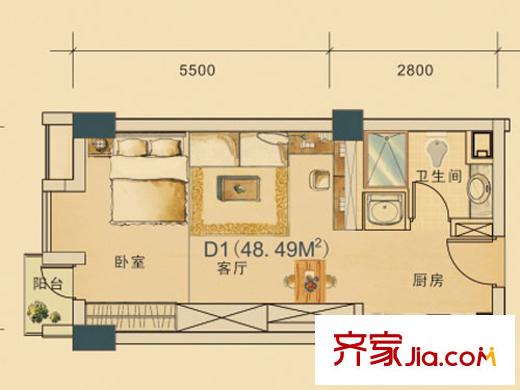 東海水景城藍(lán)鉆1號D1戶型 1室1廳1衛(wèi)1廚