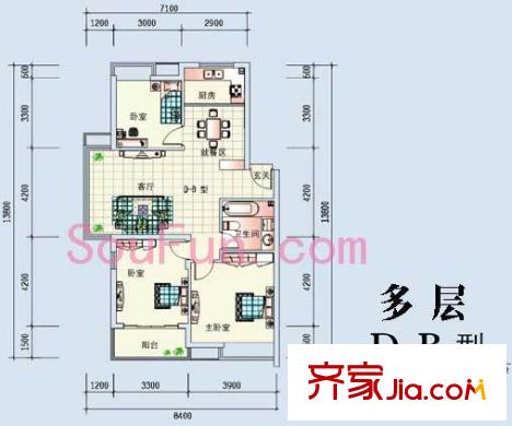 東海水景城D-B戶型圖 3室2廳1衛(wèi)1廚