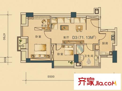 東海水景城藍(lán)鉆1號D3戶型 2室1廳1衛(wèi)1廚
