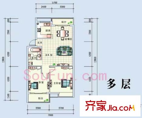 東海水景城D-A戶型圖 2室2廳1衛(wèi)1廚