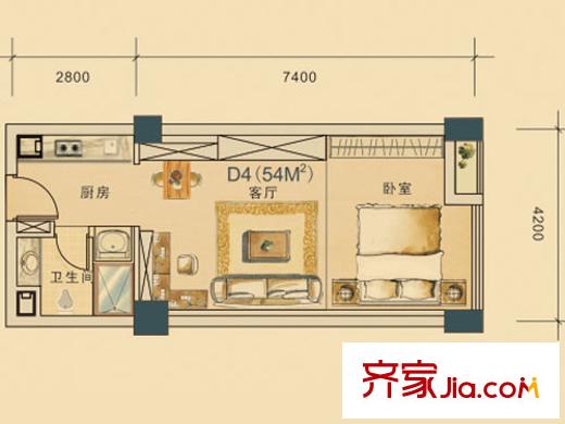 東海水景城藍(lán)鉆1號D4戶型 1室1廳1衛(wèi)1廚