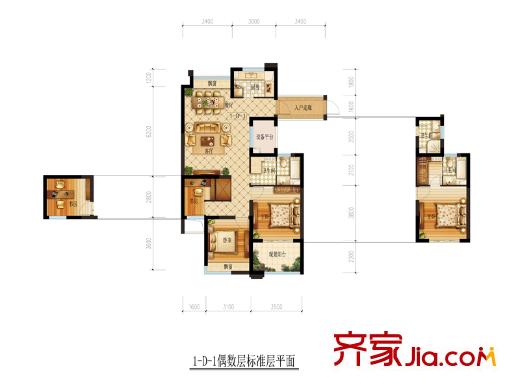 理想銀泰城1-D-1偶數(shù)層戶型 3室2廳1衛(wèi)1廚