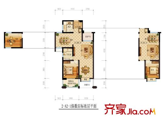 理想銀泰城2-A2-1偶數(shù)層戶型 2室2廳1衛(wèi)1廚
