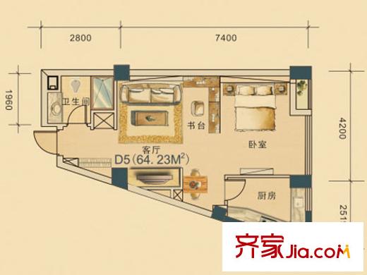 東海水景城藍(lán)鉆1號D5戶型 2室1廳1衛(wèi)1廚