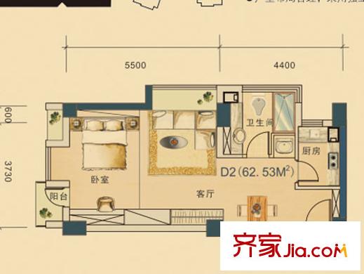 東海水景城藍(lán)鉆1號D2戶型 1室1廳1衛(wèi)1廚