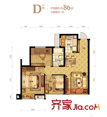 大家運(yùn)河之星D戶型 3室2廳1衛(wèi)1廚