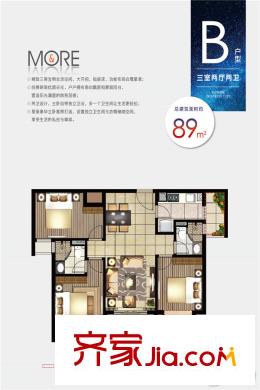 合景天峻89平方米B戶型 3室2廳2衛(wèi)1廚