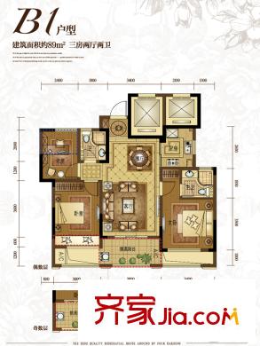 三江花園道壹號(hào)89方B1戶型 3室2廳2衛(wèi)1廚