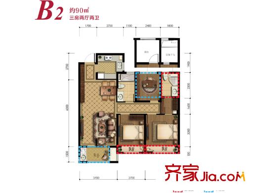 中天之江誠品B2戶型 3室2廳2衛(wèi)1廚