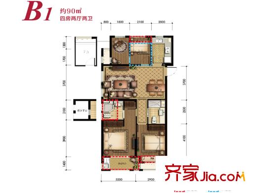 中天之江誠品B1戶型 4室2廳2衛(wèi)1廚