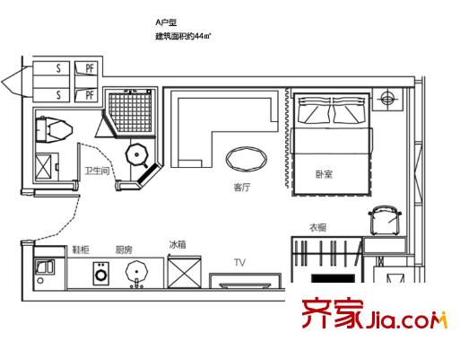 萬豪國際1號(hào)樓A戶型44方 1室1廳1衛(wèi)1廚