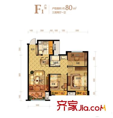 大家運(yùn)河之星F1戶型 3室2廳1衛(wèi)1廚