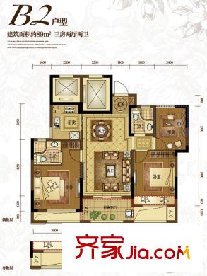 三江花園道壹號(hào)89方B2戶型 3室2廳2衛(wèi)1廚