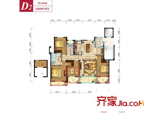 中天之江誠品D2戶型 4室2廳2衛(wèi)