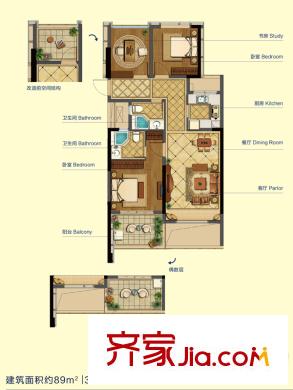 融信藍(lán)孔雀89方B3戶型 3室2廳2衛(wèi)1廚