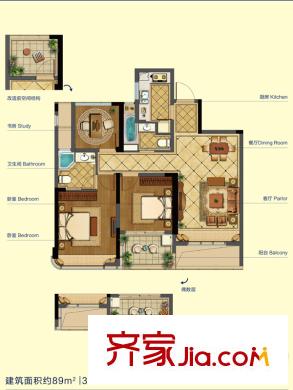 融信藍(lán)孔雀89方B1戶型 3室2廳2衛(wèi)1廚