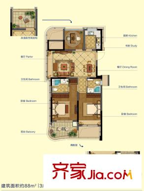 融信藍(lán)孔雀88方B2戶型 3室2廳2衛(wèi)1廚