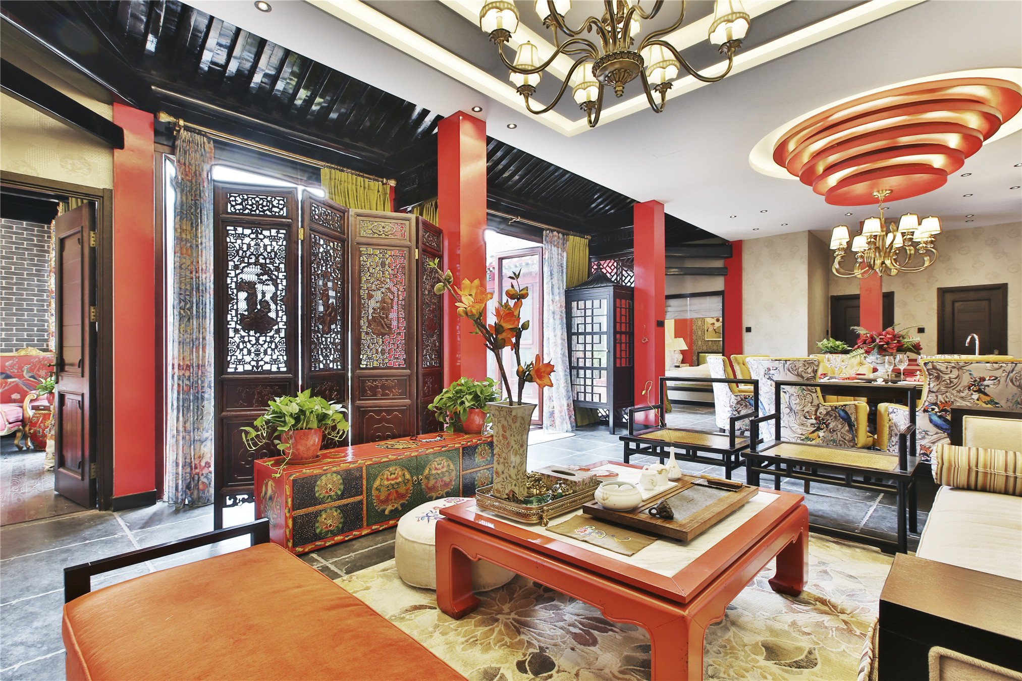 中式风格,三居室装修,20万以上装修,140平米以上装修,客厅,隔断,屏风