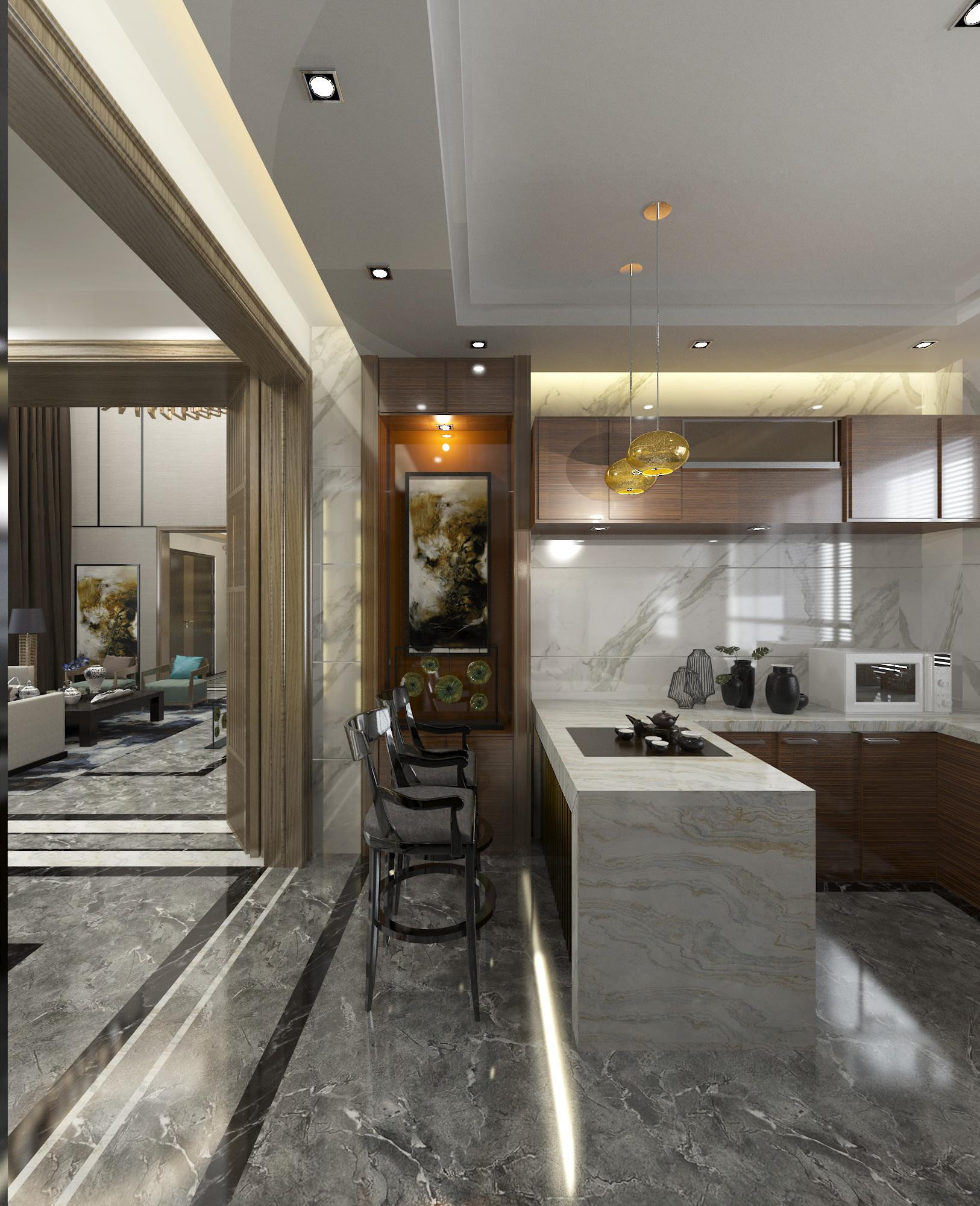 中式风格,别墅装修,20万以上装修,140平米以上装修,厨房,吧台,灰色