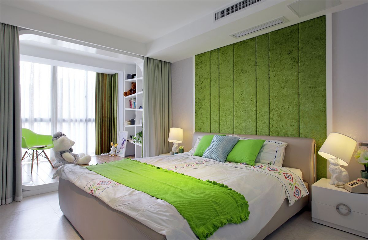 简约风格,15-20万装修,二居室装修,90平米装修,卧室,卧室背景墙,绿色