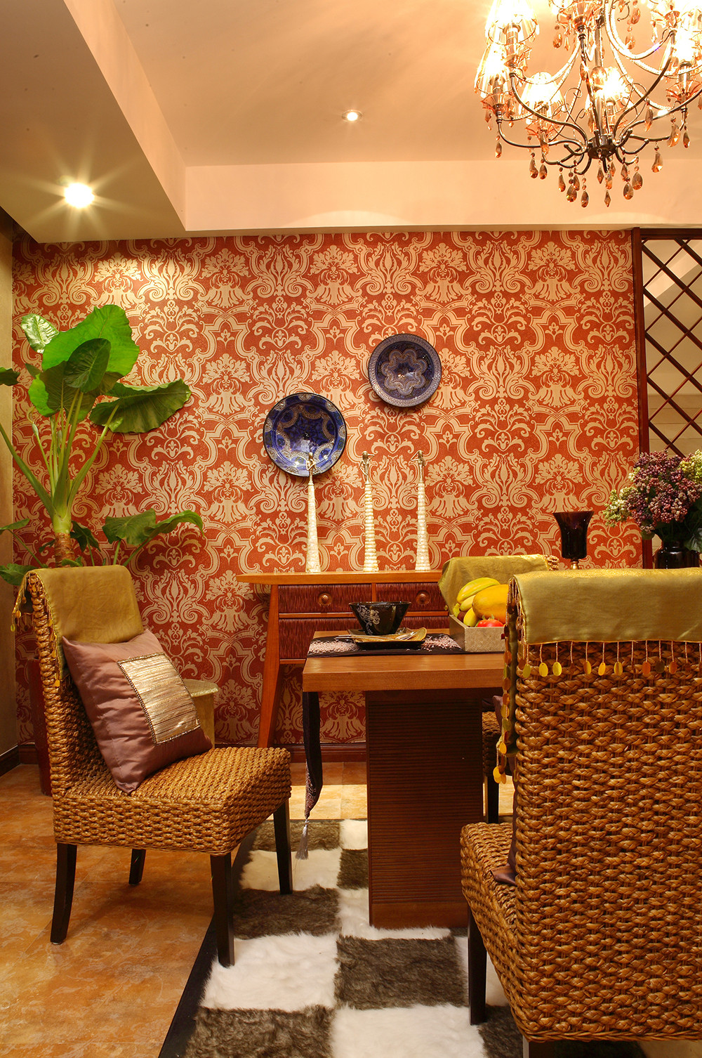 东南亚风格,130平米装修,三居室装修,20万以上装修,餐厅,餐厅背景墙,红色