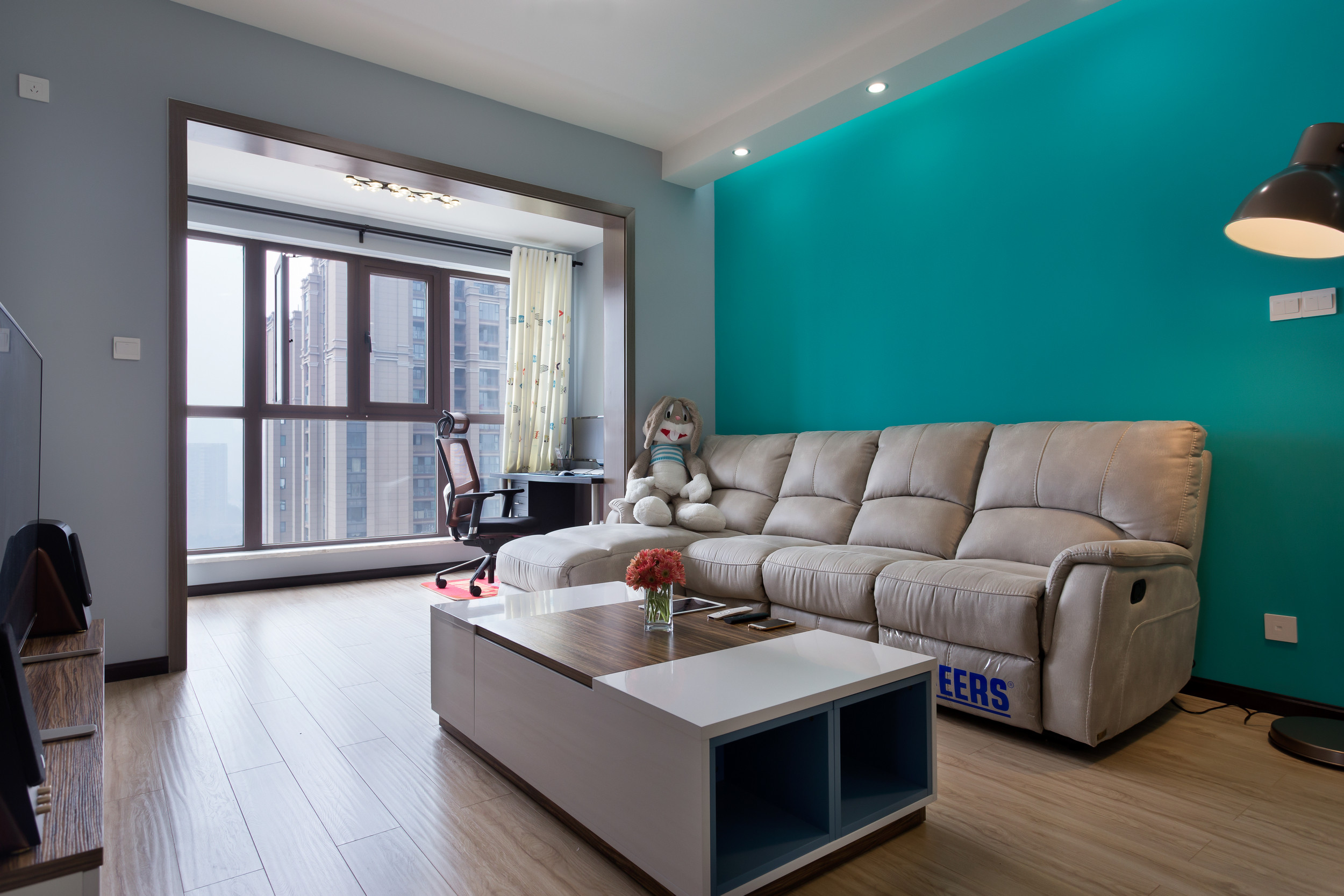 简约风格,70平米装修,10-15万装修,二居室装修,客厅,沙发背景墙,绿色