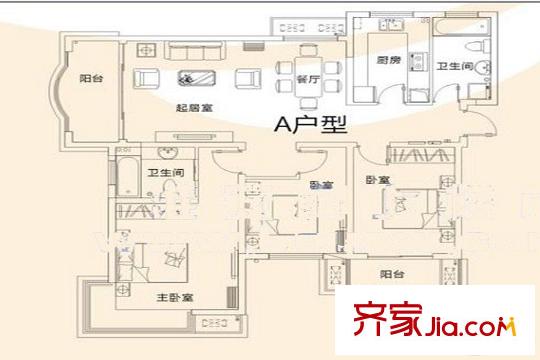宙輝國際花園4#8#A戶型 3室2廳2衛(wèi)1廚