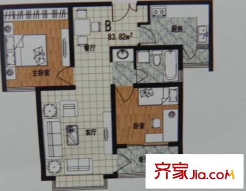 紫金佳苑2房 B戶型 2室2廳1衛(wèi)1廚
