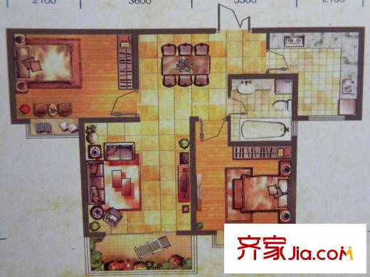 紫金佳苑2房戶型 2室2廳1衛(wèi)1廚