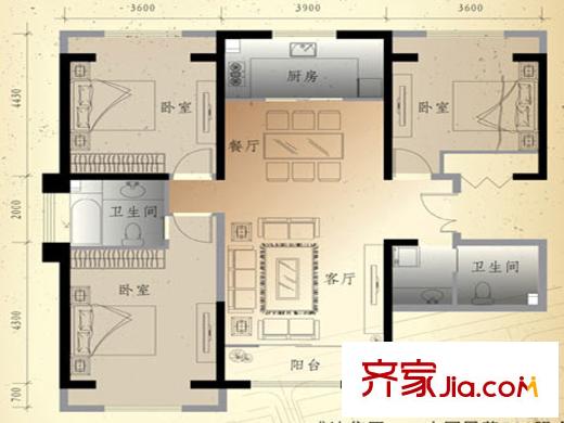 盛達國際新城E1戶型 3室2廳2衛(wèi)