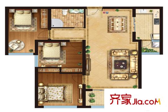 榮府第1城8#G戶型 3室2廳1衛(wèi)1廚