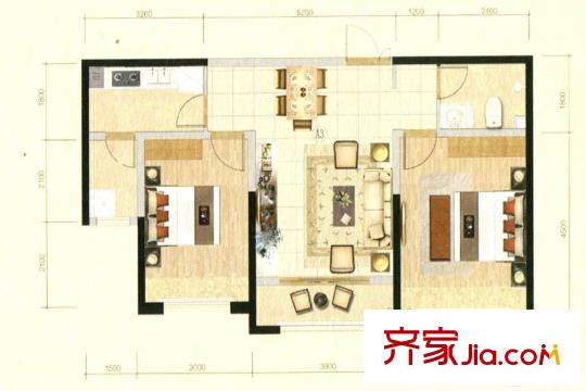 世通格林蘭郡A3戶型 2室2廳1衛(wèi)1廚