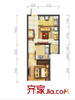 海亮大都匯戶型D 1室1廳1衛(wèi)1廚