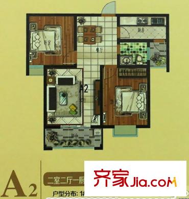 天衢?新天華城A2戶型 2室2廳1衛(wèi)1廚