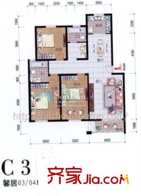 書香苑小區(qū)戶型圖C3戶型 3室2廳2衛(wèi)1廚